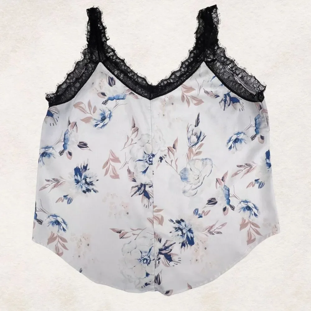 Cami XL Blue Pink Floral Lace Trim Edge Boho V Neck Romantic Lightweight Blouse - Picture 6 of 8